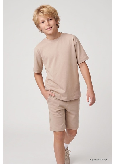 TOMMYLIFE Bej Oversize Fit Basic Erkek Çocuk Şort Takım - 11335
