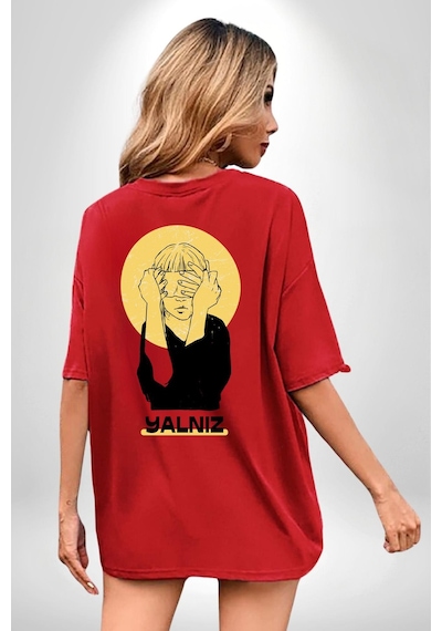 Yalnız Kadına Şiddete Hayır Kırmızı Oversize Unisex Ön Ve Sırt Baskılı Tişört Kırmızı