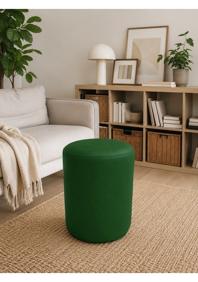 Yeşil Deri Puf 40x45 Cm Silindir Tasarım Dekoratif Oturma Pufu Salon Yatak Odası Antre