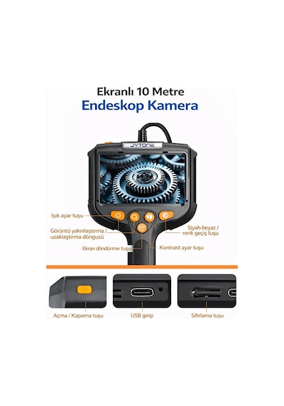 Vothoon Monitörlü Tek Kameralı 10 Mt Sert Kablo Yılan Endoskop Kamera 5,5 Mm 4.3 Inc Ekran Ip67 Su Geçirmez