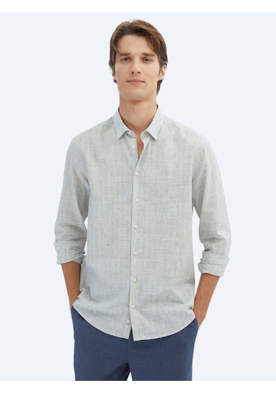 Kip Mavi Çizgili Regular Fit Uzun Dokuma Casual Pamuk Karışımlı Gömlek