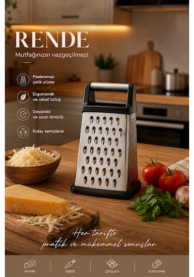 Porsima Lm-4023 Razzo 4 Fonksiyonlu Paslanmaz Çelik Rende İnce, Orta, Parmak Ve Dilimleme Yüzeyli Silikon Tabanlı Metal Rende-20 Cm Inox