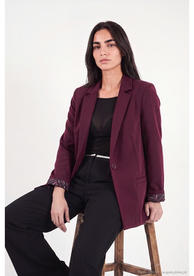 Lela Standart Fit Mono Yaka Desenli Astar Detaylı Blazer Ceket Kadın Ceket 6524003 Mürdüm