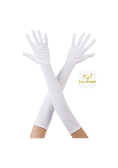 Nessiworld Beyaz Renk Dirseğe Kadar Uzun Kumaş Eldiven 40 Cm