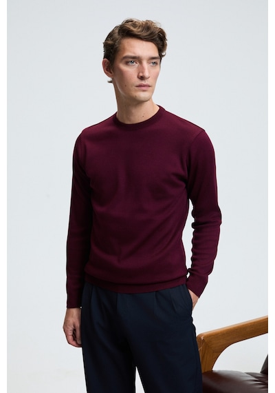 Grimelange VAREX Erkek Yuvarlak Yaka Basic Slim Fit Triko Bordo Kazak