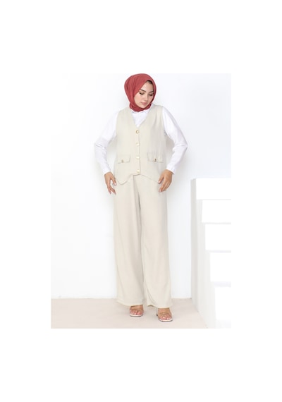 Bestenur Yelek Pantolon Keten İkili Takım 1035 - Taş