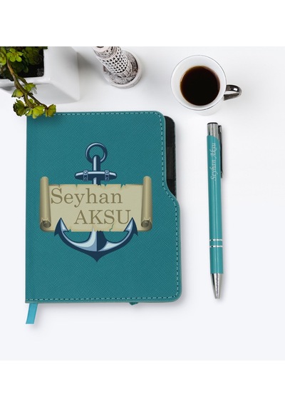 Kişiye Özel Çapa Tasarımlı Turkuaz Termo Deri Defter Kalem Seti-3