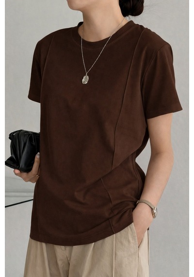 Kadın Kısa Kollu Çizgi Detaylı Basic Tişört Süprem Kumaş Yazlık Rahat T-shirt Kahverengi