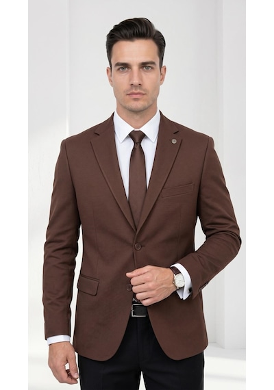 Plus Scorpion Ck 142 Slim Fit Mikro Desenli Erkek Ceket Yazlık Pike Kumaş Çift Yırtmaç Blazer Kahverengi