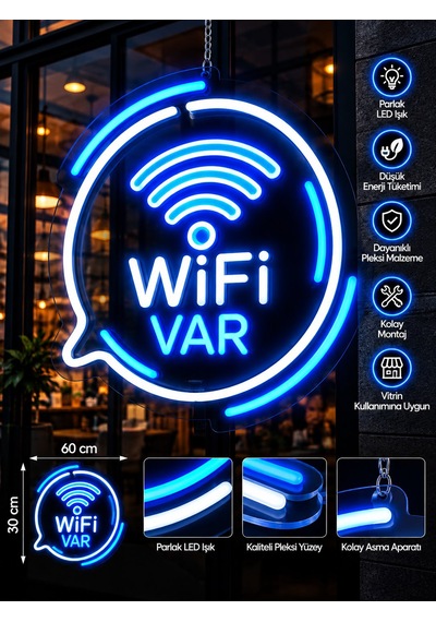 Wifi Var Led Neon Tabela 60x30 Cm Mavi Beyaz Işıklı Pleksi Vitrin Tabelası