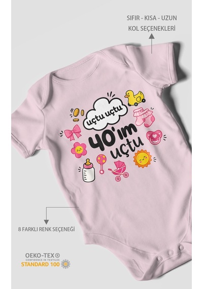 Morivokids Uçtu Uçtu 40'ım Uçtu Kısa Kollu Bebek Body %100 Pamuk Bebe Pembe
