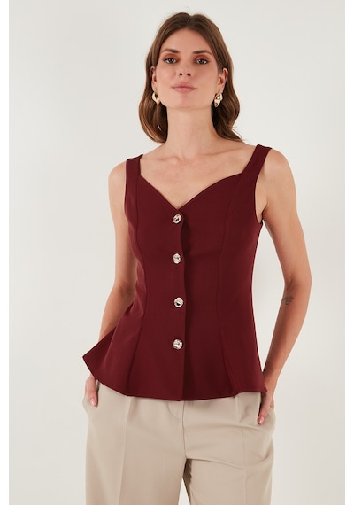 Lela Fitted Fit V Yaka Düğmeli Bayan Yelek 611Fyl145 Bordo