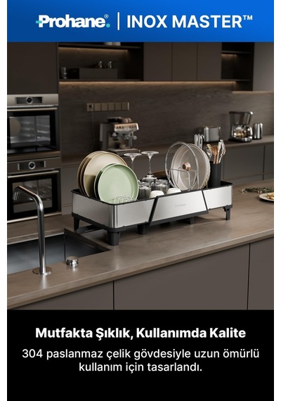 Inox Master Kd600 304 Paslanmaz Çelik Genişletilebilir Bulaşıklık Geniş Kapasiteli Tezgah Üstü Kurutmalık, Su Tahliye Tepsili Çok renkli