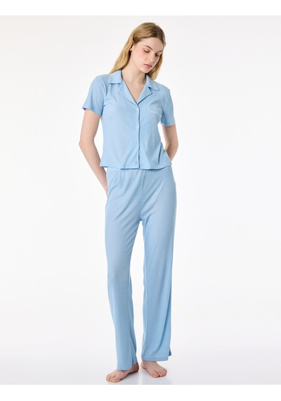 Koton Rahat Kalıp Gömlek Yaka Fitilli Pijama Takımı Mavi 6slk40088mk