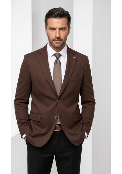 Plus Scorpion Erkek Slim Fit Çift Düğme Çift Yırtmaçlı Blazer Ceket Premium Dokulu Kumaş Kahverengi