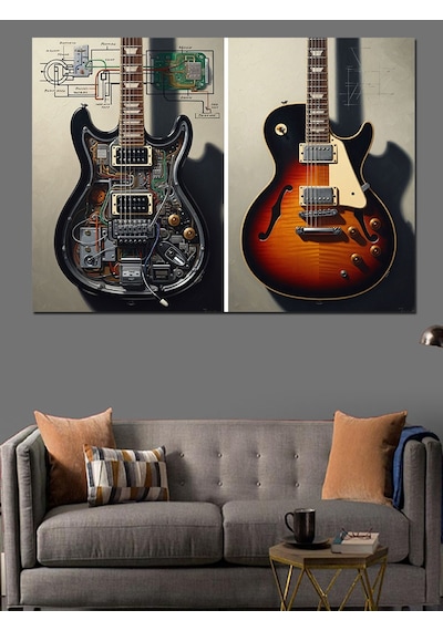 Ahşap Tablo Gitar Ve Müzik Temalı Çizimler