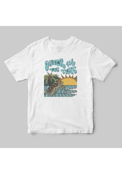 Yaz Zamanı Summer Time Caretta Caretta Deniz Kum Güneş Baskılı Regular Fit %100 Pamuk Beyaz T-shirt Beyaz