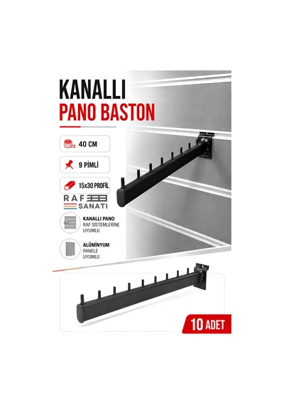 10 Adet - Kanallı Pano Baston Askılık 40 Cm Alüminyum Panel Uyumlu Mağaza Raf Askı Aparatı Siyah