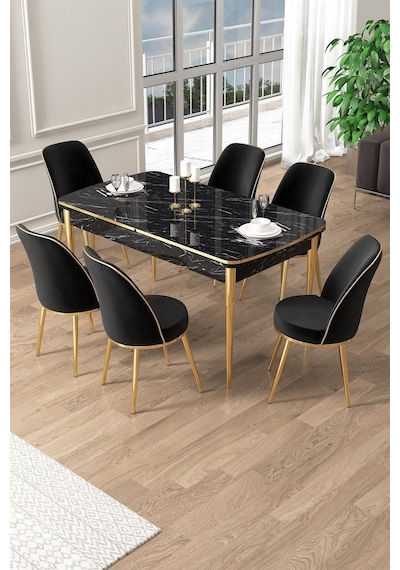 Canisa Pale Serisi 80x132 Açılabilir Siyah Mermer Desen Mutfak Masa Takımı 6 Siyah Sandalye Gold Detay Masa Siyah Mermer Desen Sandalye Siyah Gold Ayak Canisa Pale Serisi 80x132 Açılabilir Siyah Mermer Desen Mutfak Masa Takımı 6 Siyah Sandalye Gold Detay Masa Siyah Mermer Desen Sandalye Siyah Gold Ayak
