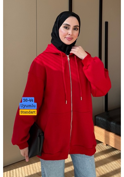 Balenbi Kadın 3 İplik İçi Polarlı Kapüşonlu Tesettür Basic Sweat Hırka 395 Kırmızı