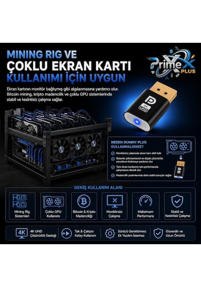 Primex Px-5261 Displayport 4k Uhd Display Dummy Plug, Dp Sanal Monitör Adaptörü, Ekran Kartı Emülatörü, Headless Display Emulator, Bitcoin Mining Ve Uzaktan Erişim İçin