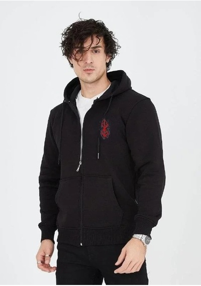 Luz&pos Erkek Baskılı Tam Fermuarlı Kapşonlu Sweatshirt - Siyah Siyah
