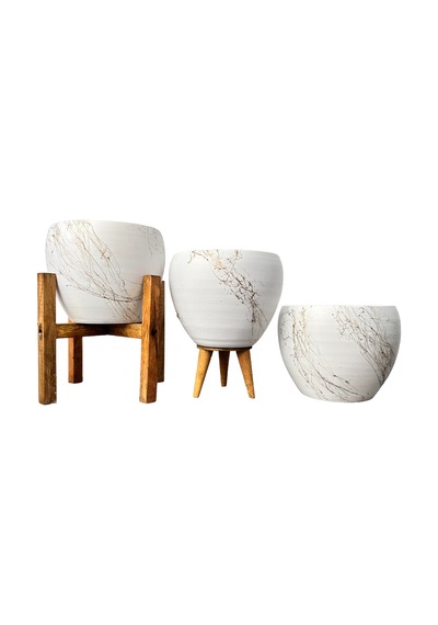 BİTKİ TASARIMI EV DEKORASYON BEYAZ ÜZERİ GOLD MERMER EFEKTLİ TOPRAK SAKSI SAKSILIK SALON ÇİÇEKLİK ÜÇLÜ SET - 15 CM