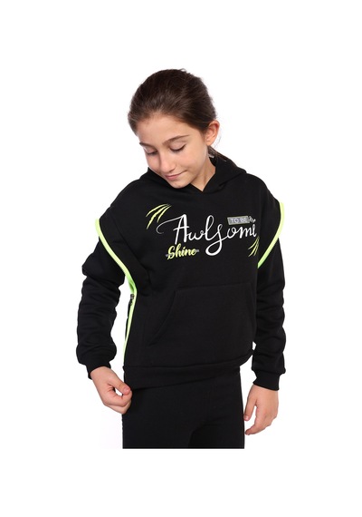 Toontoy Kız Çocuk Baskılı Kanguru Cepli Sweatshirt Siyah