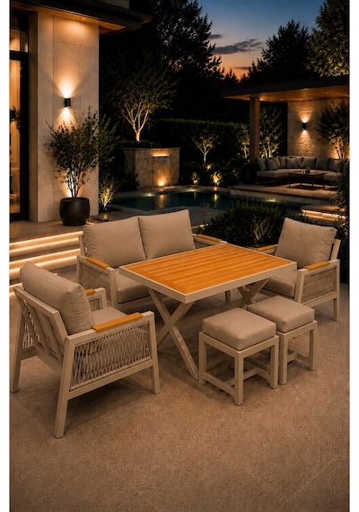 Garden Serisi Balkon Takımı, 2-1-1 Cappuccino Bahçe Takımı, 2'li Koltuk 70x150, 2 Tekli Koltuk 70x70, Masa 70x110, 2 Puf Bej
