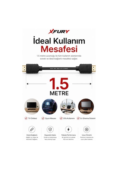 Fury 1.5 Metre Hdmı Kablo 4k Ultra Hd Hdmı 1.4 18gbps Ethernet Arc 3d Full Hd Tv Ps5 Laptop