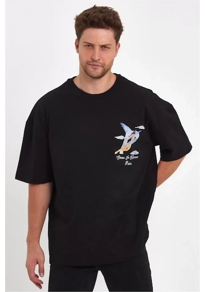 Yake Store Erkek Melek Baskılı Oversize T-shirt - Siyah - Siyah