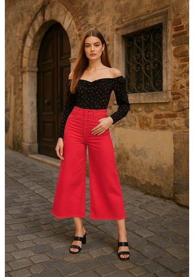 Blue White Kadın Püskül Detaylı Culotte Pantolon Kırmızı