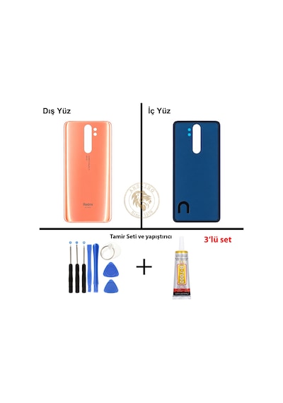 Xiaomi Redmi Note 8 Pro Mercan Turuncusu Arka Pil Kapağı Batarya Kapağı + Yapıştırıcı Ve Vida Seti Çok Renkli