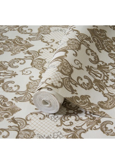 Adawall Damask Desen Duvar Kağıdı Rococo 1411-5/15, Altın, Krem, 1.06x15.6m - 16.5m² Çok Renkli