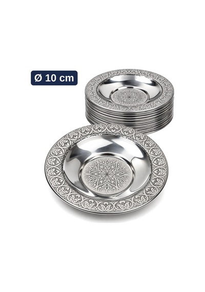 Binbir Trend 10 Cm Otantik Desenli Paslanmaz Çelik Çay Tabağı, Kırılmaz Metal Çay Bardağı Altlığı 6 Adet Gümüş