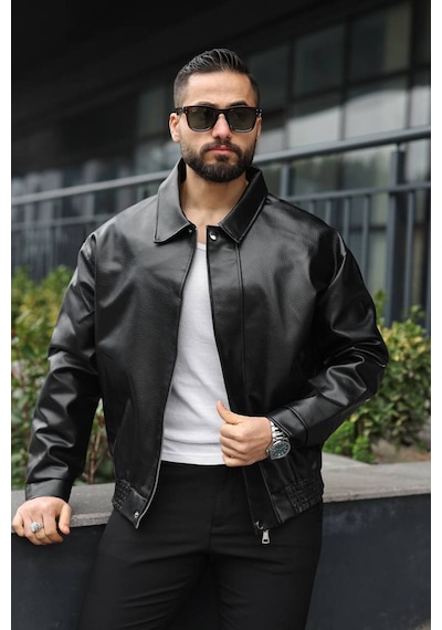 Yeni Sezon Dokulu Oversize Bol Kalıp Bomber Ceket Siyah Karbon Deri