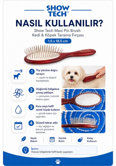 Showtech Maxi Pin Brush Kedi Ve Köpekler İçin Hassas Tarama Fırçası 1,5 X 18,5 Cm