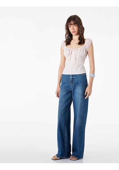 Koton Pamuklu Slim Fit Kısa Balon Kol Bağlamalı Crop Bluz Pembe 6sal60182ıw Gül