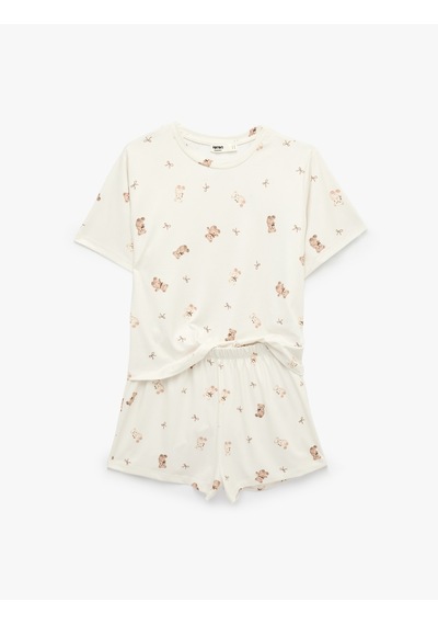 Koton Ayıcık Baskılı Rahat Kesim Bisiklet Yaka Kısa Kollu Pijama Takımı Bej Desenli 7wlk40117mk