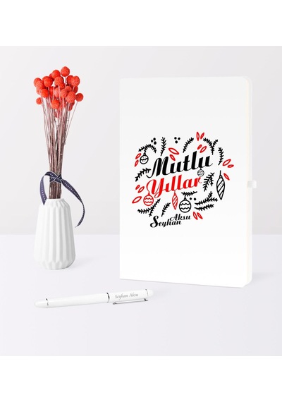 Kişiye Özel Yılbaşı Mutlu Yıllar Temalı Beyaz Defter Kalem Seti - 4