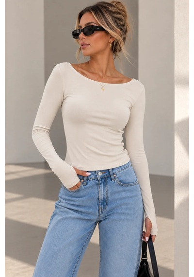 Bb Butik Basic Soft Touch Parmak Geçmeli Kayık Yaka Bluz Mdk35 Beyaz
