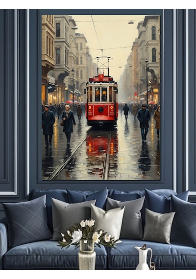 Ahşap Tablo Yağmurlu Kırmızı Tramvay Sokak