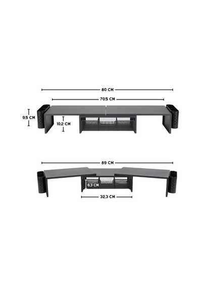 Temel Siyah Çift Monitör Yükseltici Stand Çekmeceli Masaüstü Organizer 9216