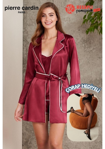 Pierre Cardin Premium Kadın Saten 4'lü Gecelik İp Askılı Pijama Şortlu Kutulu Gelin Çeyiz Seti Bordo Pierre Cardin Premium Kadın Saten 4'lü Gecelik İp Askılı Pijama Şortlu Kutulu Gelin Çeyiz Seti Bordo