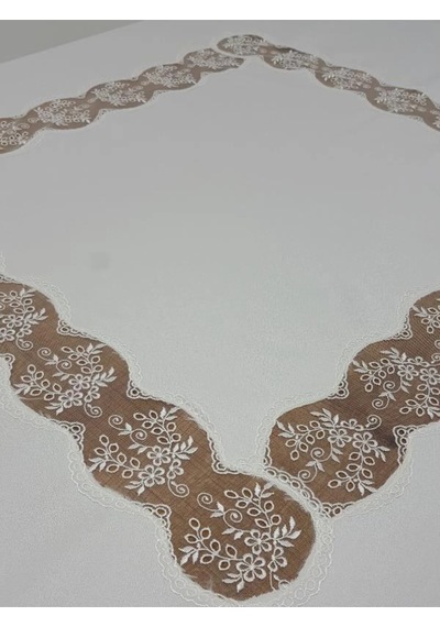 Bahar Lüx Dantelli Krep Kumaş Krem Masa Örtüsü 170x330 Cm - 1001 Çok Renkli