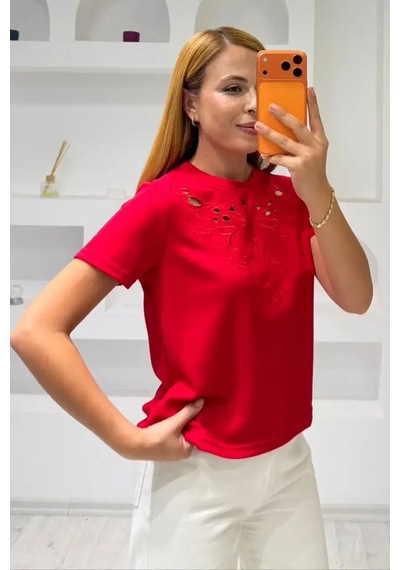 Fiolin Soft Touch Modal Kumaş Nakışlı Lazer Kesim T-shirt Kirmizi