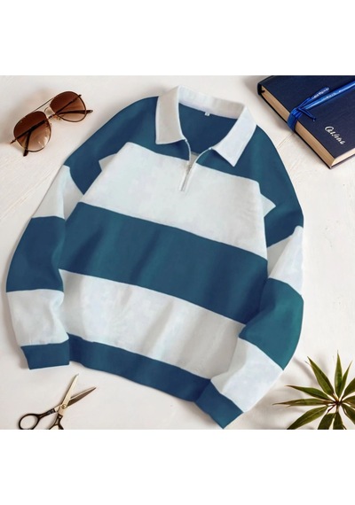 Fifty Color Unisex Petrol Mavi Polo Yaka Kışlık Sweatshirt İçi Polarlı Petrol Mavi