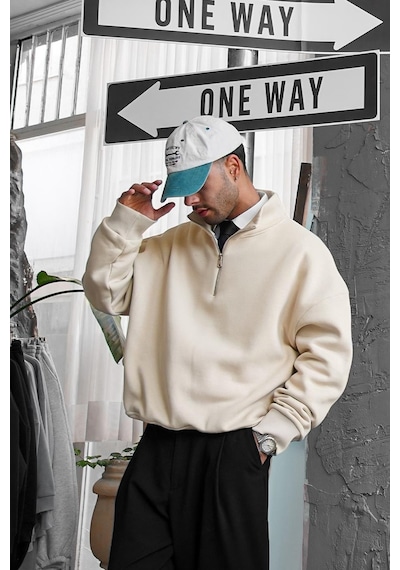 Krem Cozy Basic Yarım Fermuar Oversize Sweatshirt Krem
