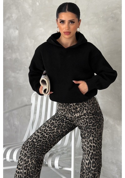 Femelle Kadın Siyah Standart Beden Kapüşonlu Peluş Triko Sweatshirt