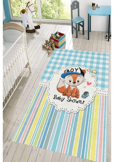 Dijital Baskılı Mavi Baby Shower Desenli Dekoratif Yıkanabilir Kaymaz Taban Çocuk Halısı Çok Renkli